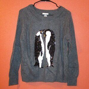 H&M Woman Medium Gray White Yellow Graphic Sequin Penguins Long Sleeve Shirt